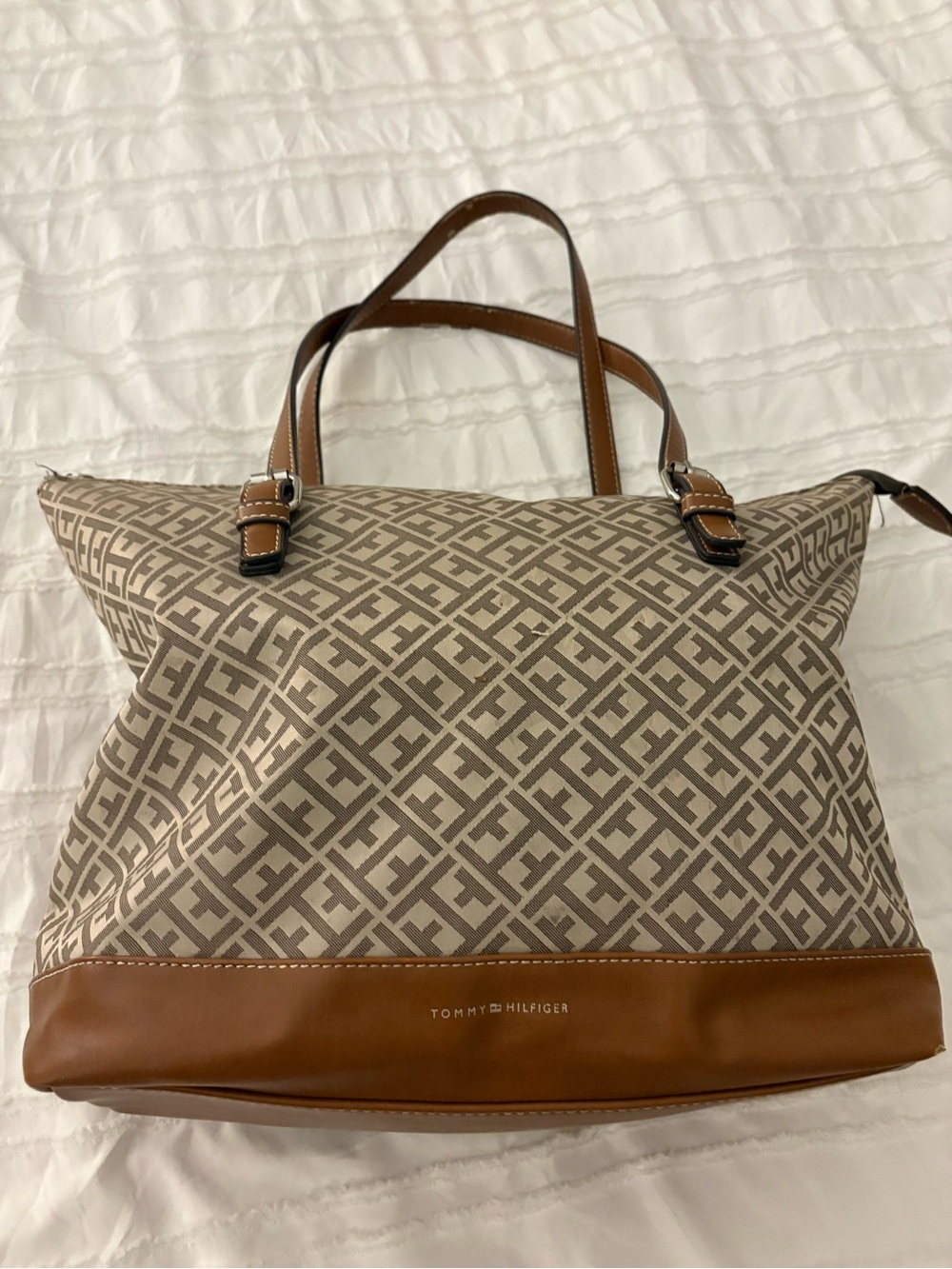Tommy Hilfiger Beige Monogram Tote with Brown Trim